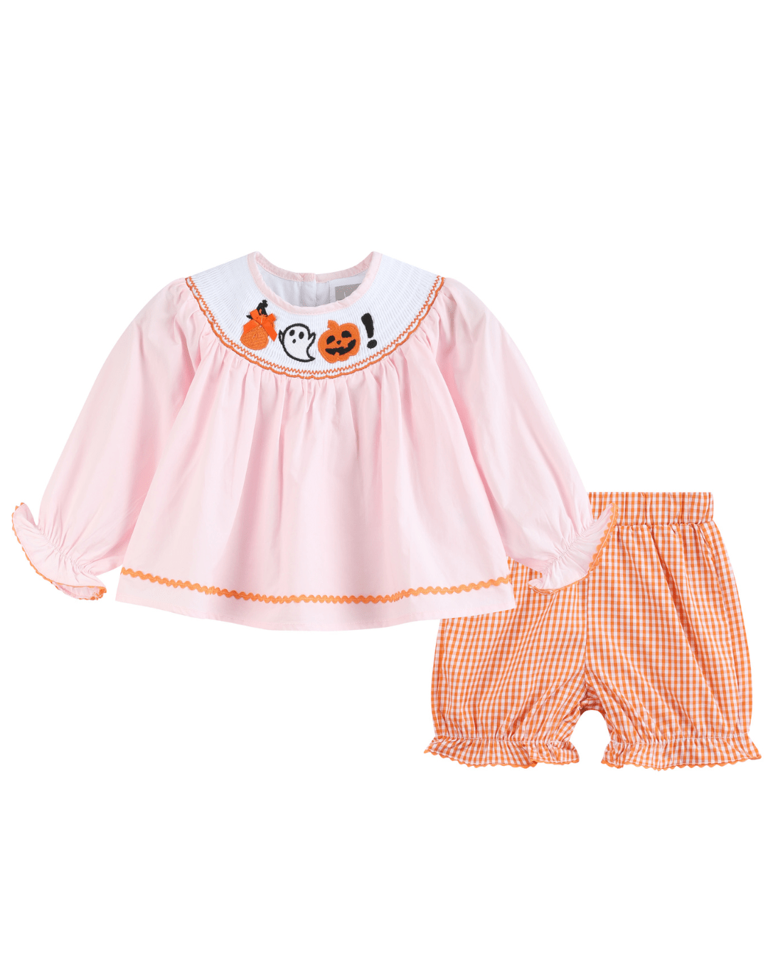 Halloween Pink and Orange Gingham Boo Smocked Dress and Bloomer Set