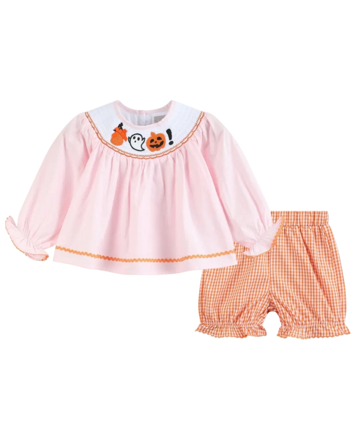 Halloween Pink and Orange Gingham Boo Smocked Dress and Bloomer Set