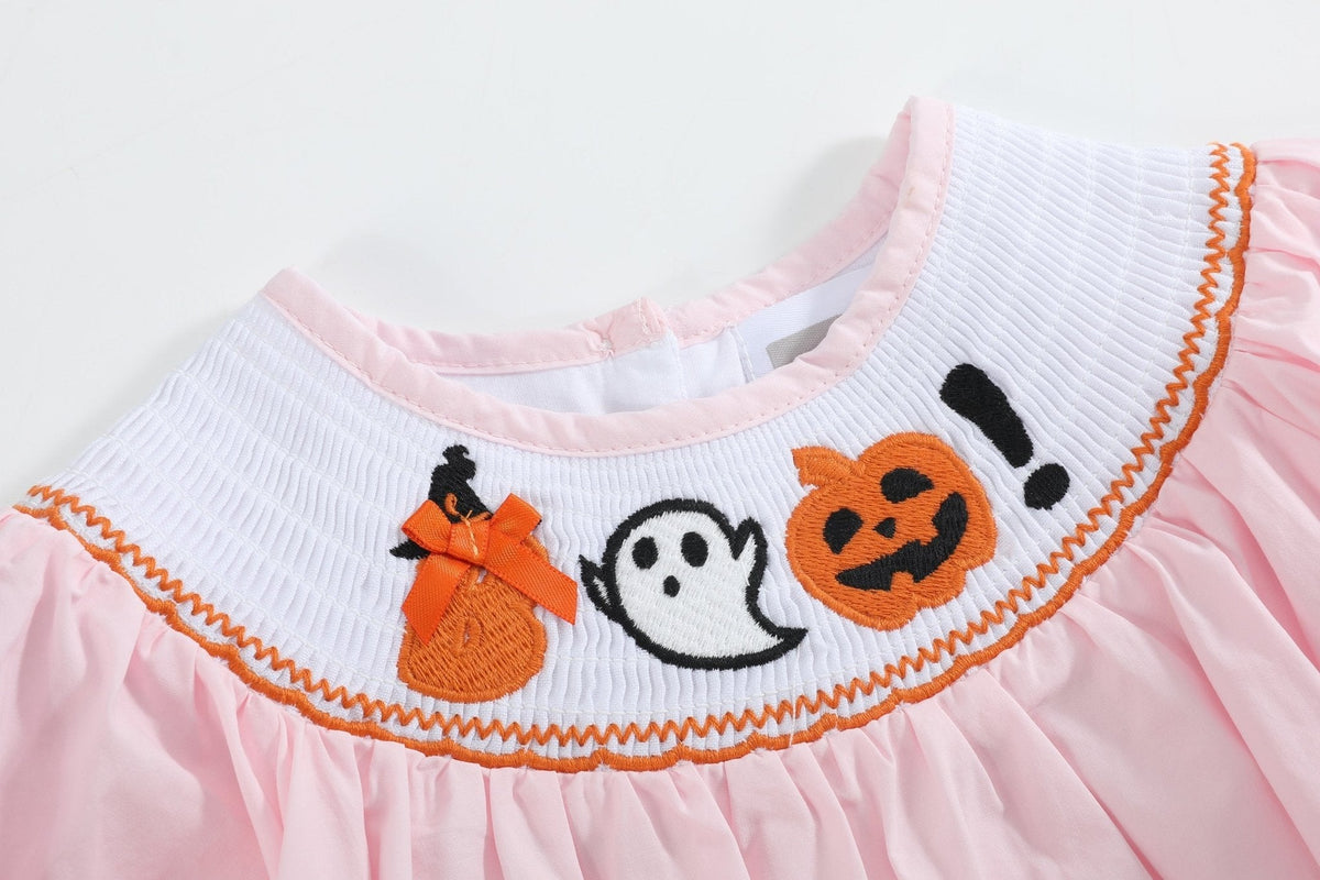 Halloween Pink and Orange Gingham Boo Smocked Dress and Bloomer Set