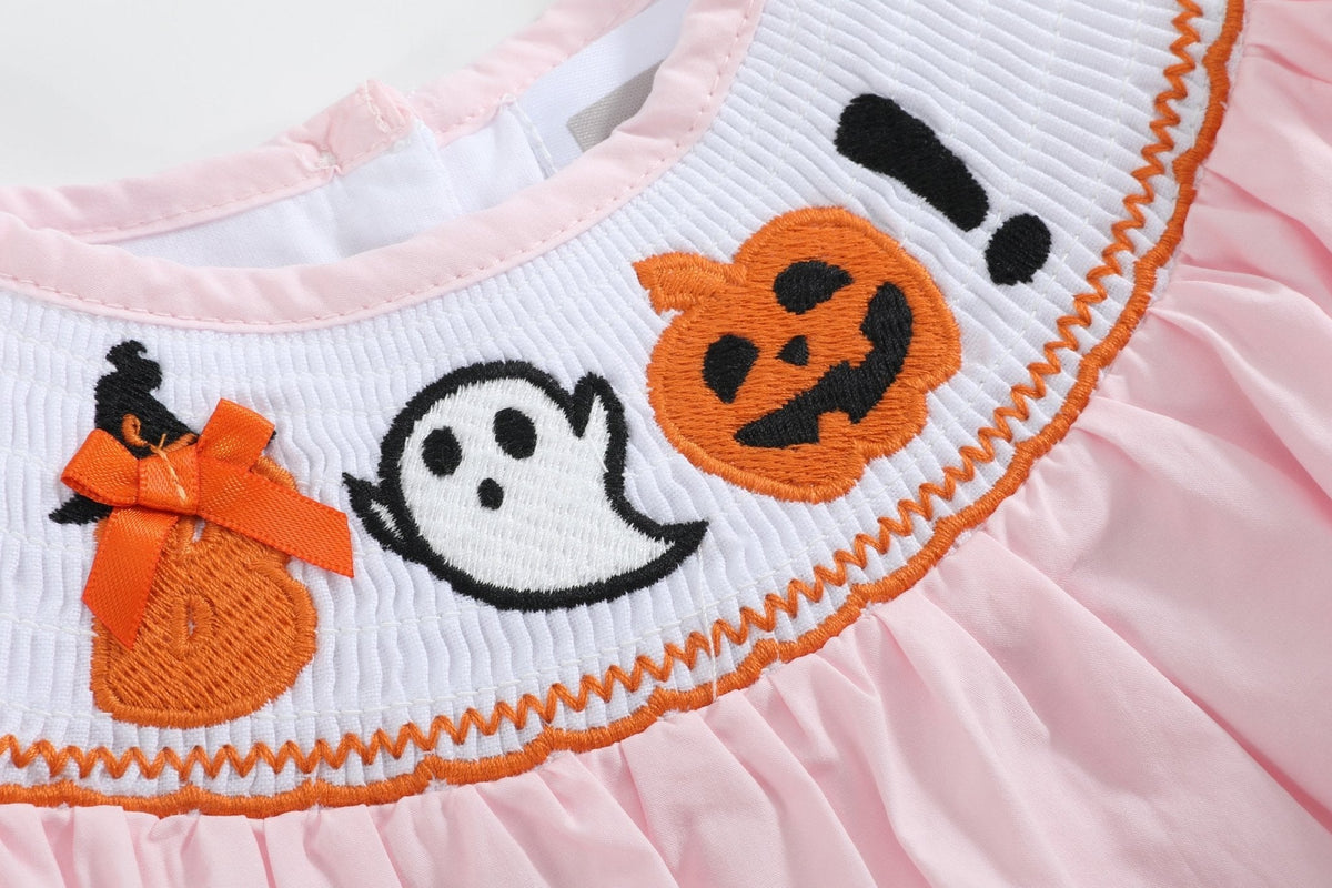 Halloween Pink and Orange Gingham Boo Smocked Dress and Bloomer Set