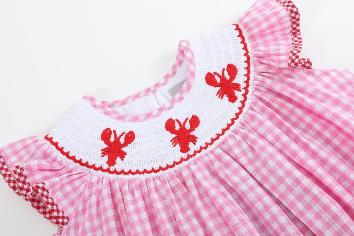 Pink Gingham Crawfish Smocked Bishop Dress