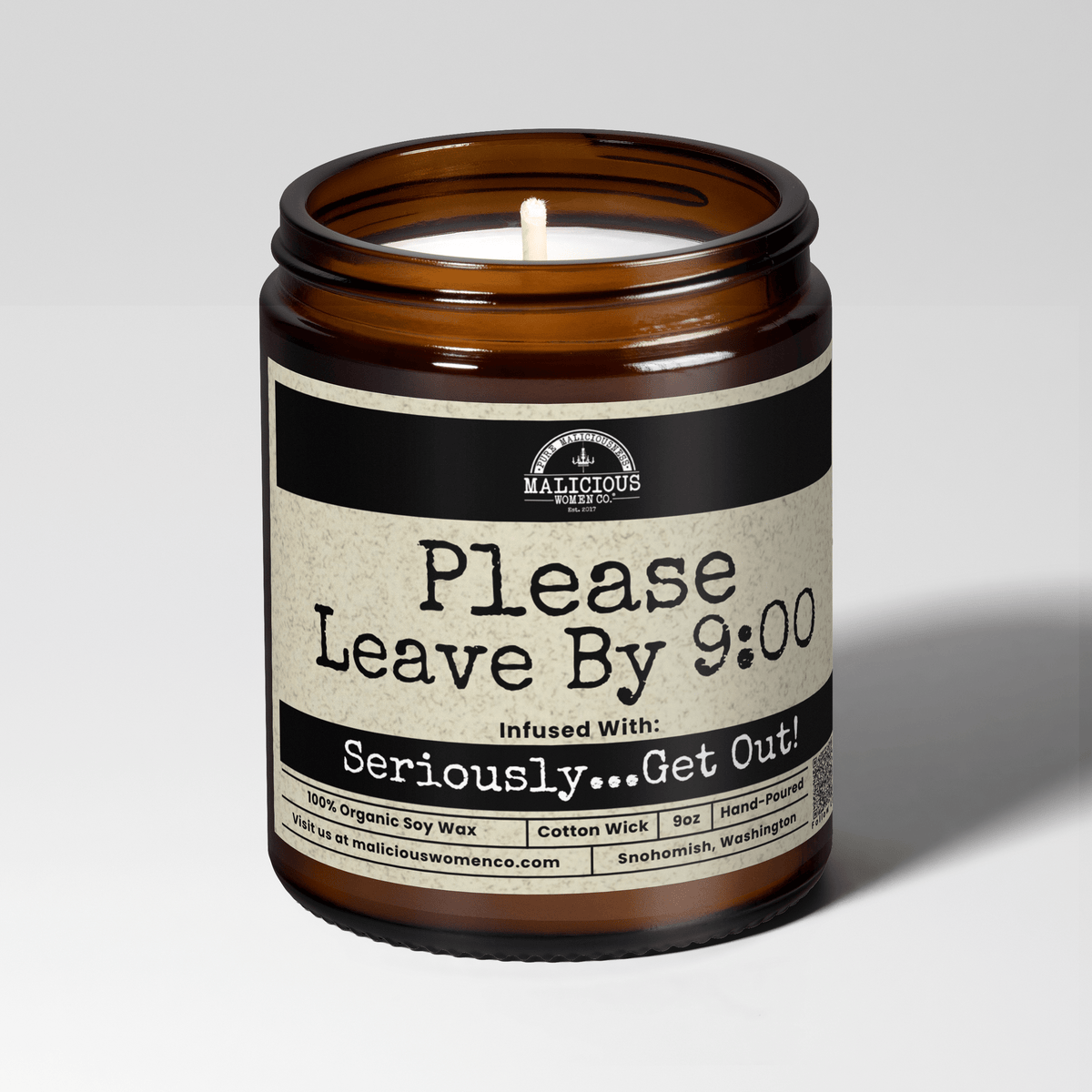 Please Leave By 9:00 | Scent: Jasmine & Eucalyptus | 9oz Funny Candle | Malicious Women Co