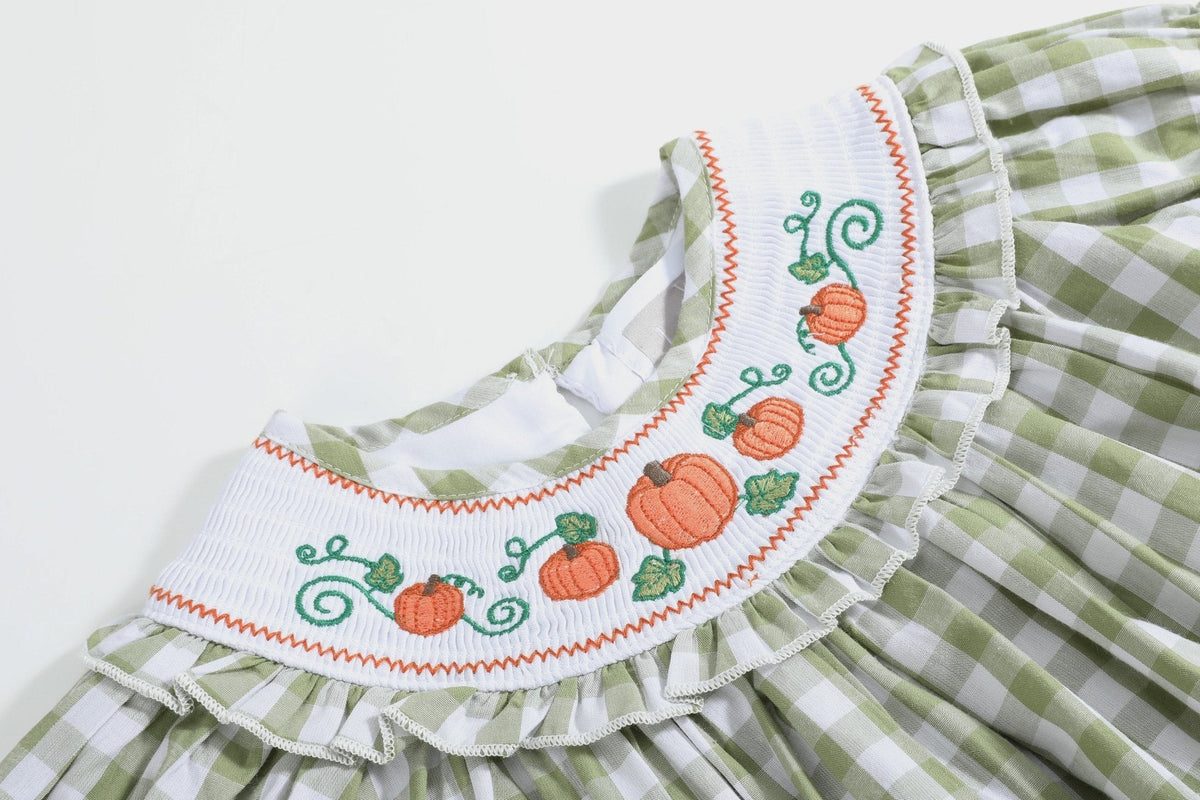 Sage Green Gingham Pumpkin Smocked Bishop Dress