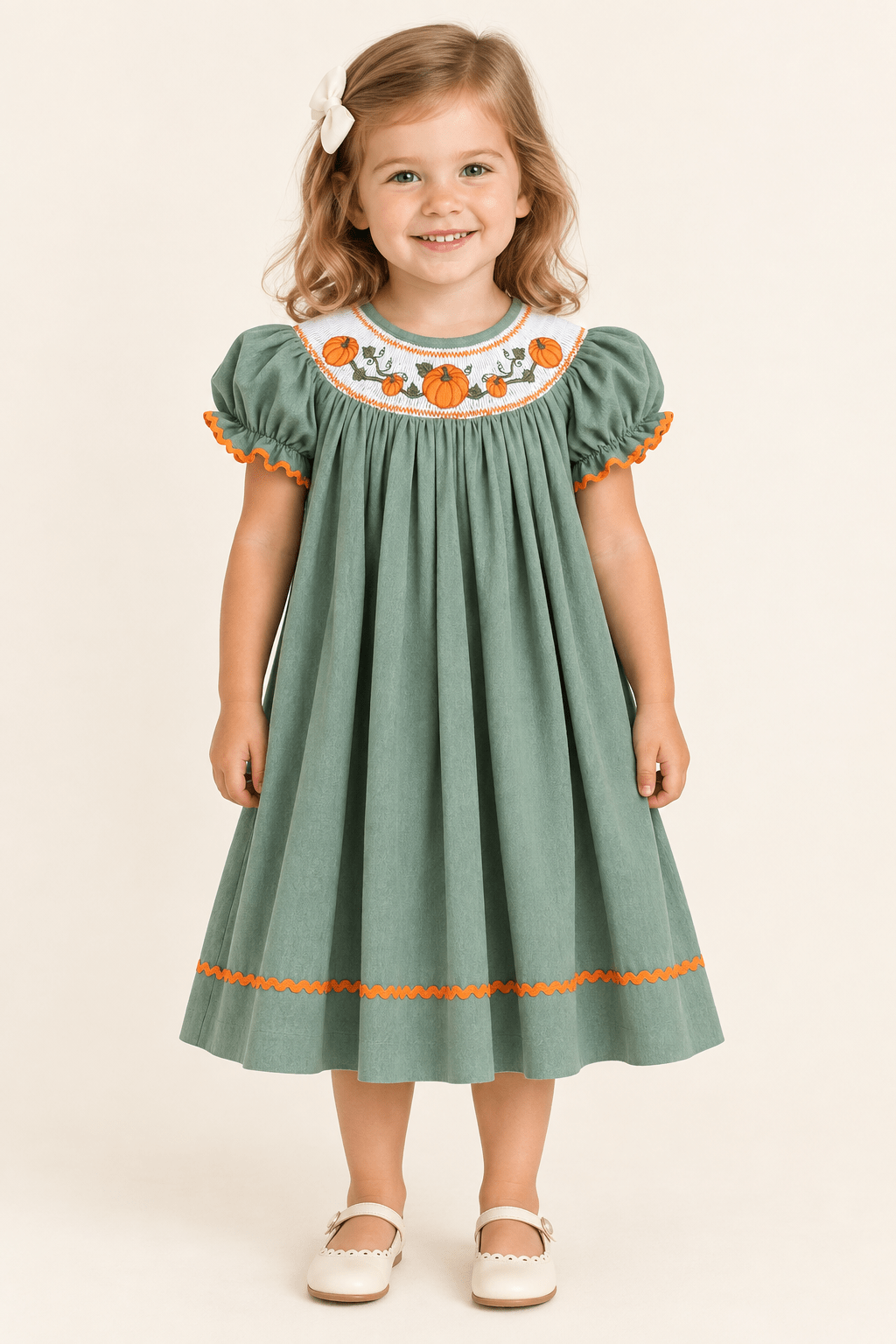 Sage Green Pumpkin Smocked Bishop Dress for Girls