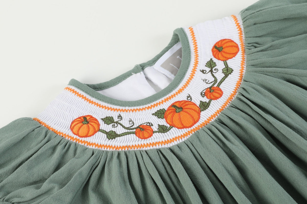 Sage Green Pumpkin Smocked Bishop Dress for Girls