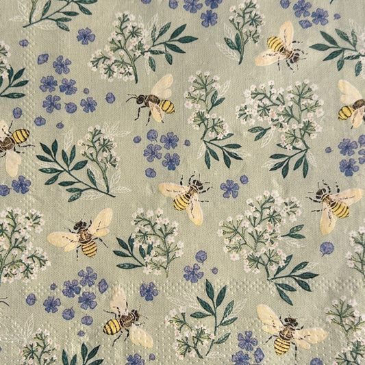 Bee and Floral Blue Decoupage Napkins – Shabby Chic Luncheon Size with Lavender Scalloped Border for Spring Crafts & Décor