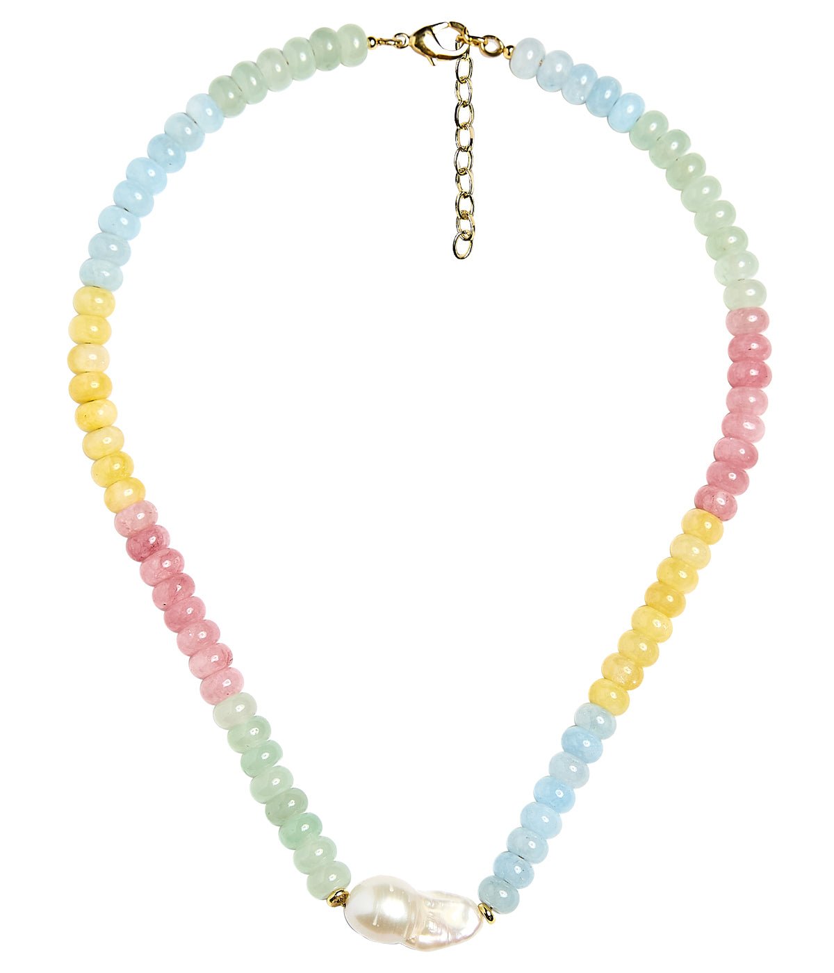 A pastel beaded necklace with alternating sections of light blue, pale green, soft pink, and yellow beads, featuring a white baroque pearl pendant and gold-tone hardware on a white background.