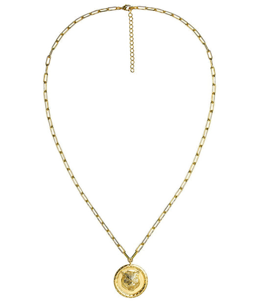 Gold necklace with a round pendant on a white background