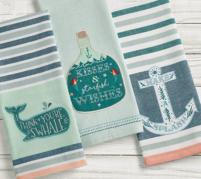 Nautical Embroidered Kitchen Towel Set of 3 — Beach House Decor Gift
