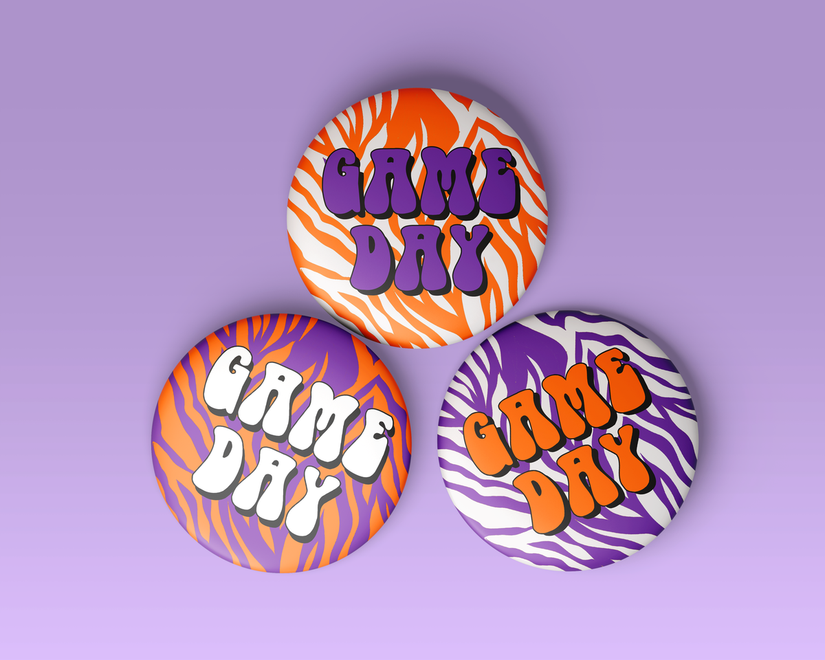 Zebra Game Day Button - Purple & Orange