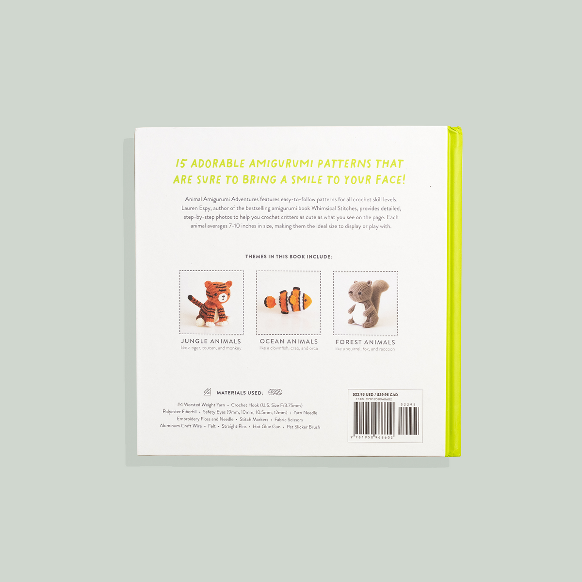 Back cover of a book with illustrations of amigurumi animals and text on a light gray background