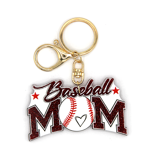Glittery Resin Game Day Baseball Mom Keychain Bag Charm Red