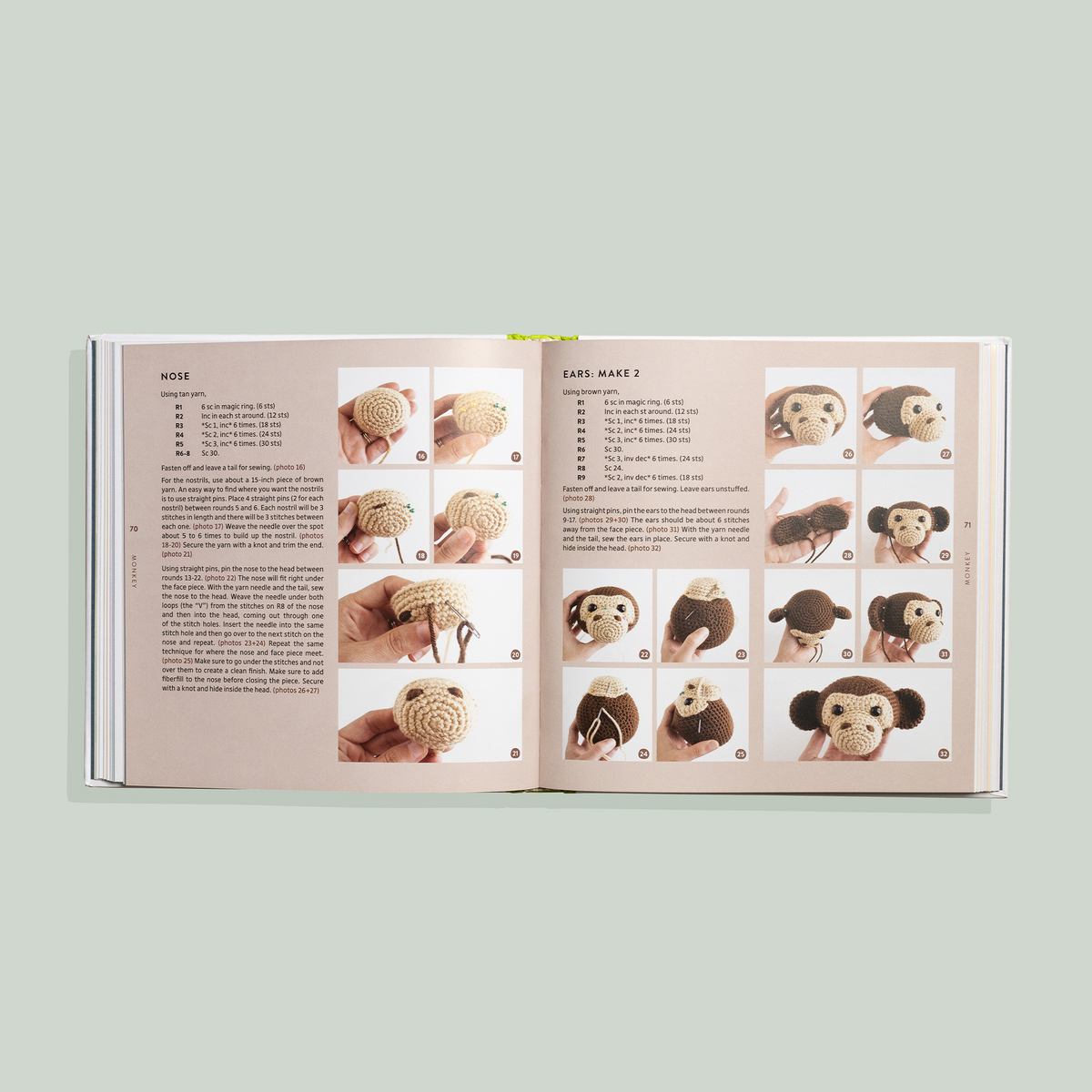 Open book showing crochet patterns for animal hats on a light green background