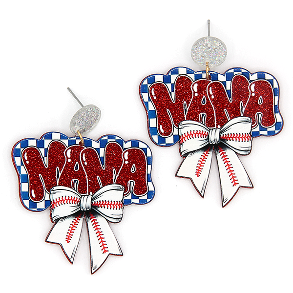 Checkered Blue Mama Baseball Bow Acrylic Earrings