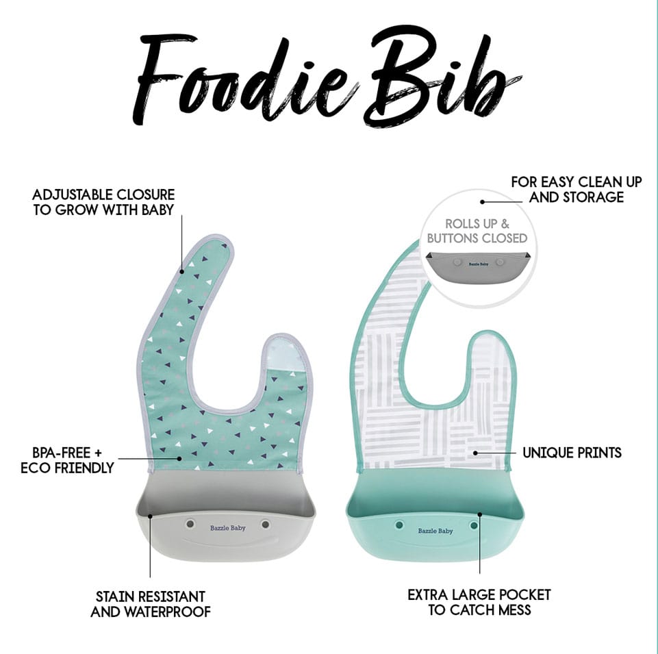 Foodie® Bib -  Roll Up & Button Closed Bib 2-Pack: Silicone + Fabric