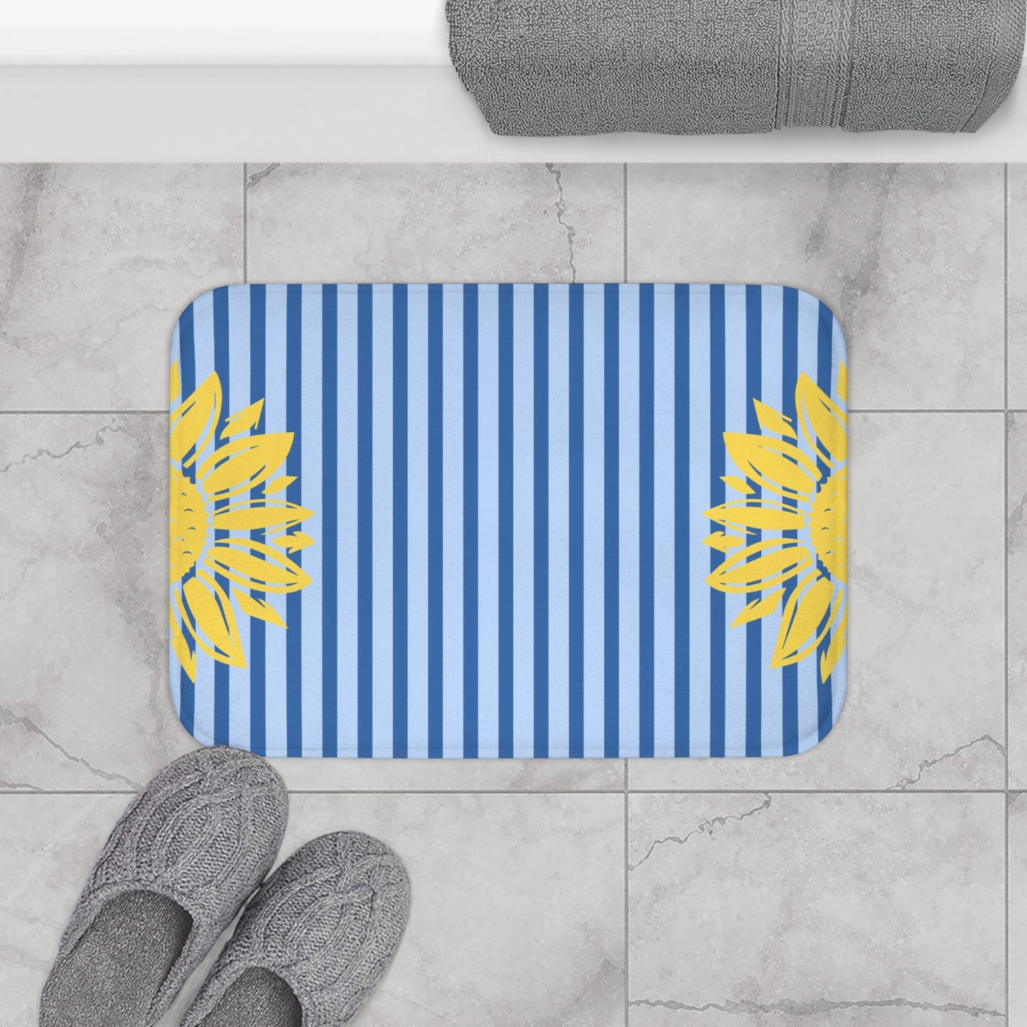 Preppy Sunflower Stripe Bath Mat – Yellow Sunflower Bathroom Rug