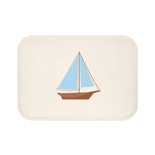 Nautical Vintage Sailboat Bath Mat, CREAM — Soft Coastal Bathroom Rug