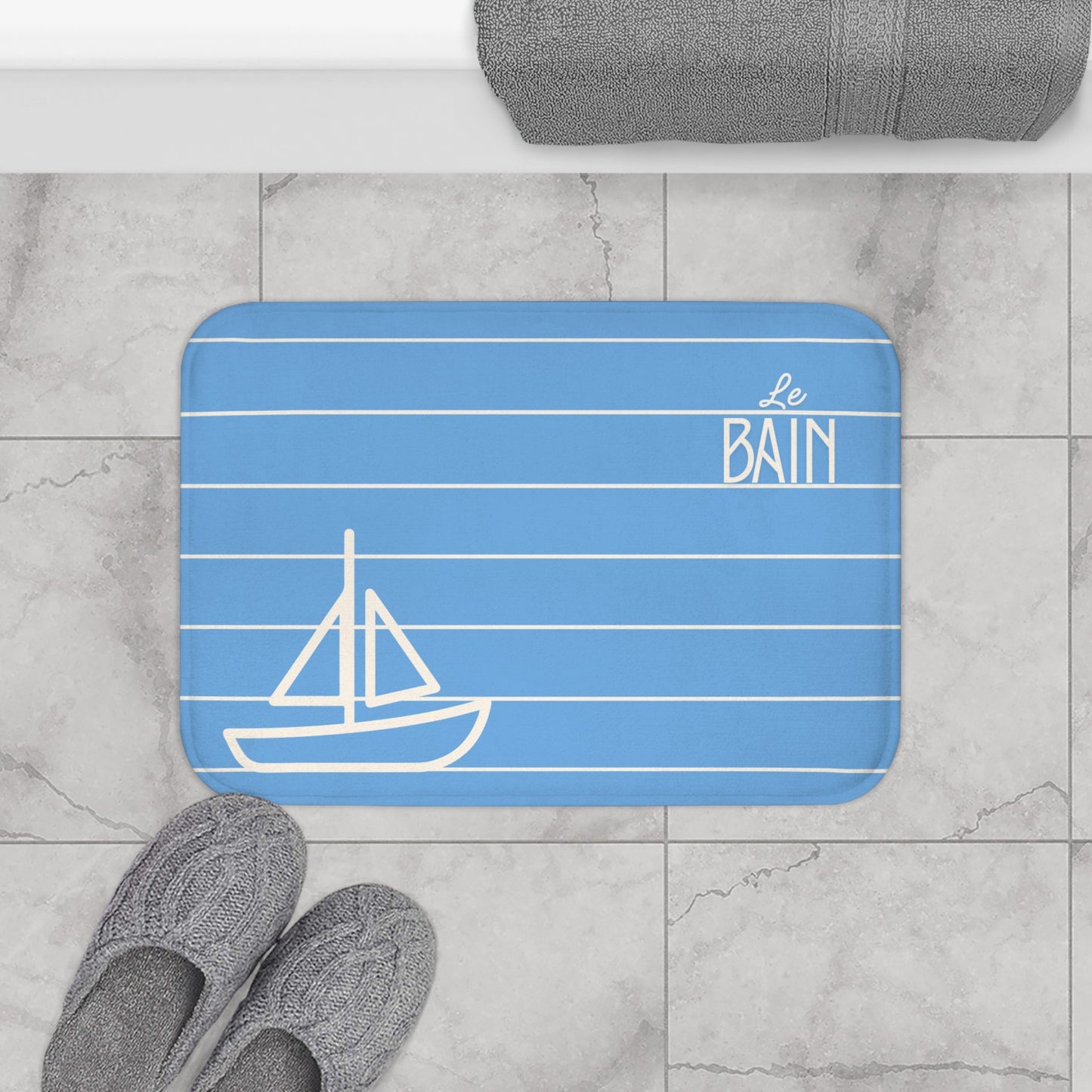 Nautical Baby Blue “Le Bain” Bath Mat — Striped Kid's Sailboat Bathroom Rug