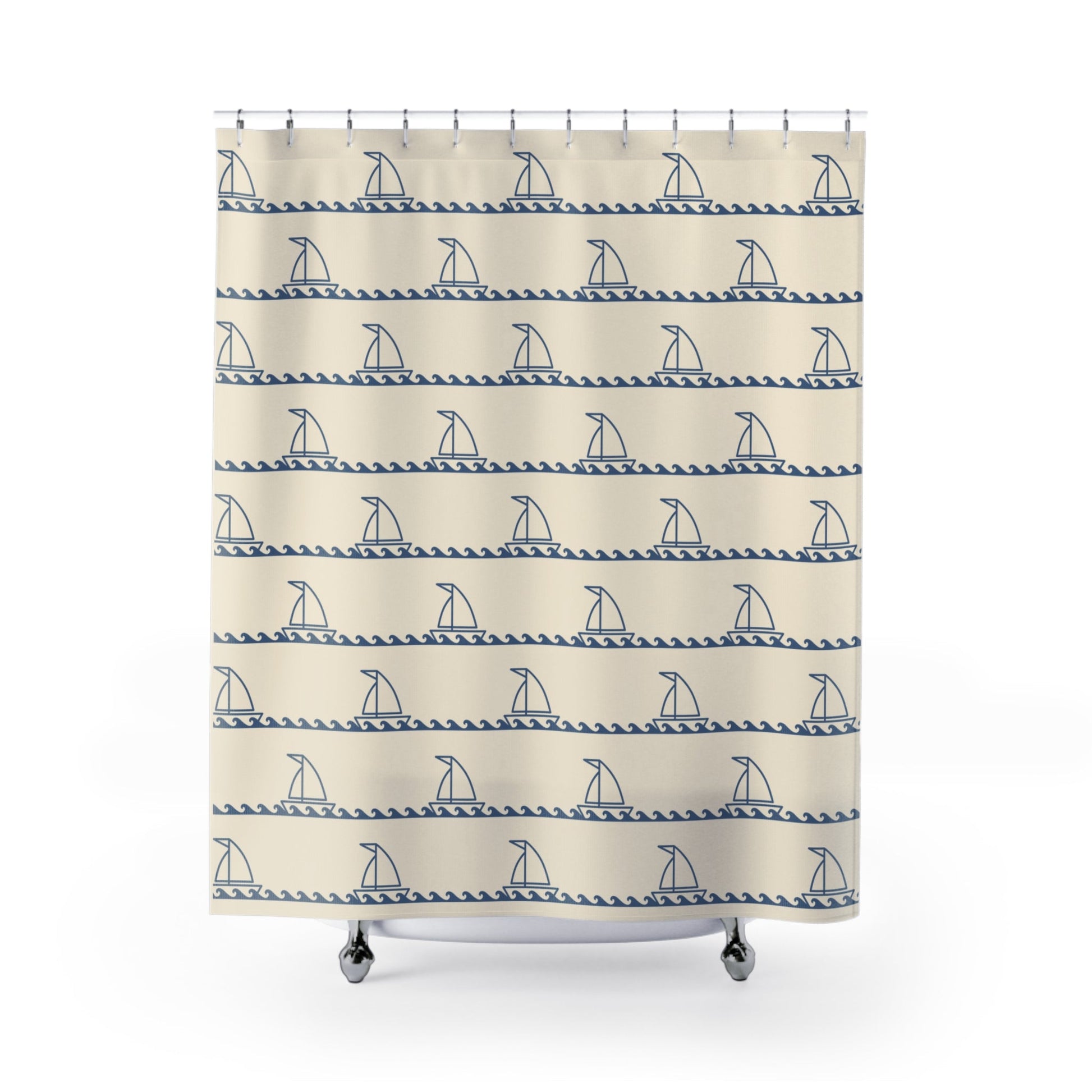 Shower curtain with nautical pattern featuring sailboats and waves on a beige background