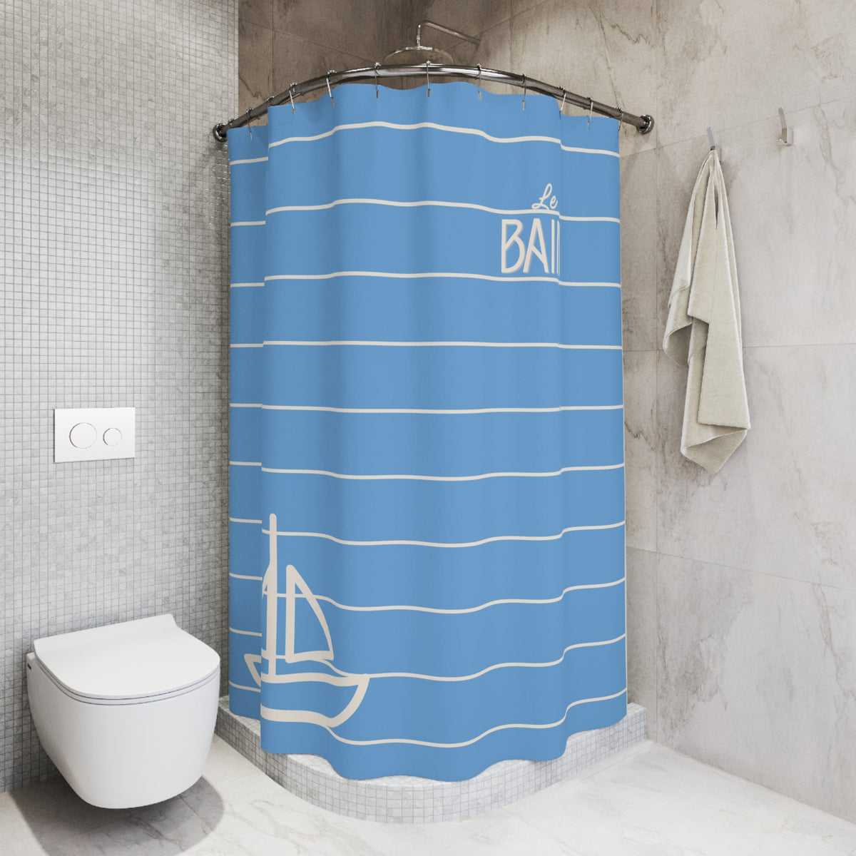 Baby Blue 'Le Bain' Shower Curtain — Striped Sailboat Kid's Bathroom Decor