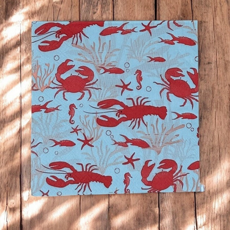 Decoupage Napkins Coastal Blue Red Nautical Crab Fish Lobster Cocktail Crafts