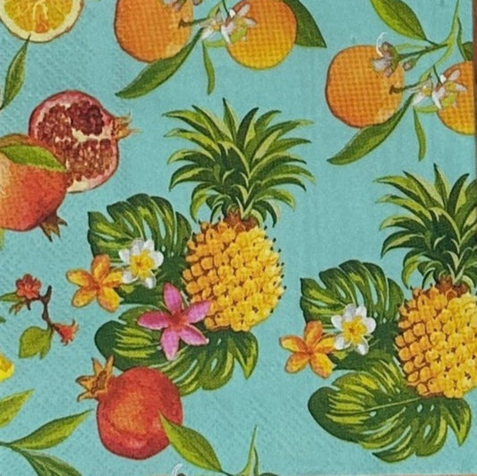 Colorful tropical fruit pattern on a blue background
