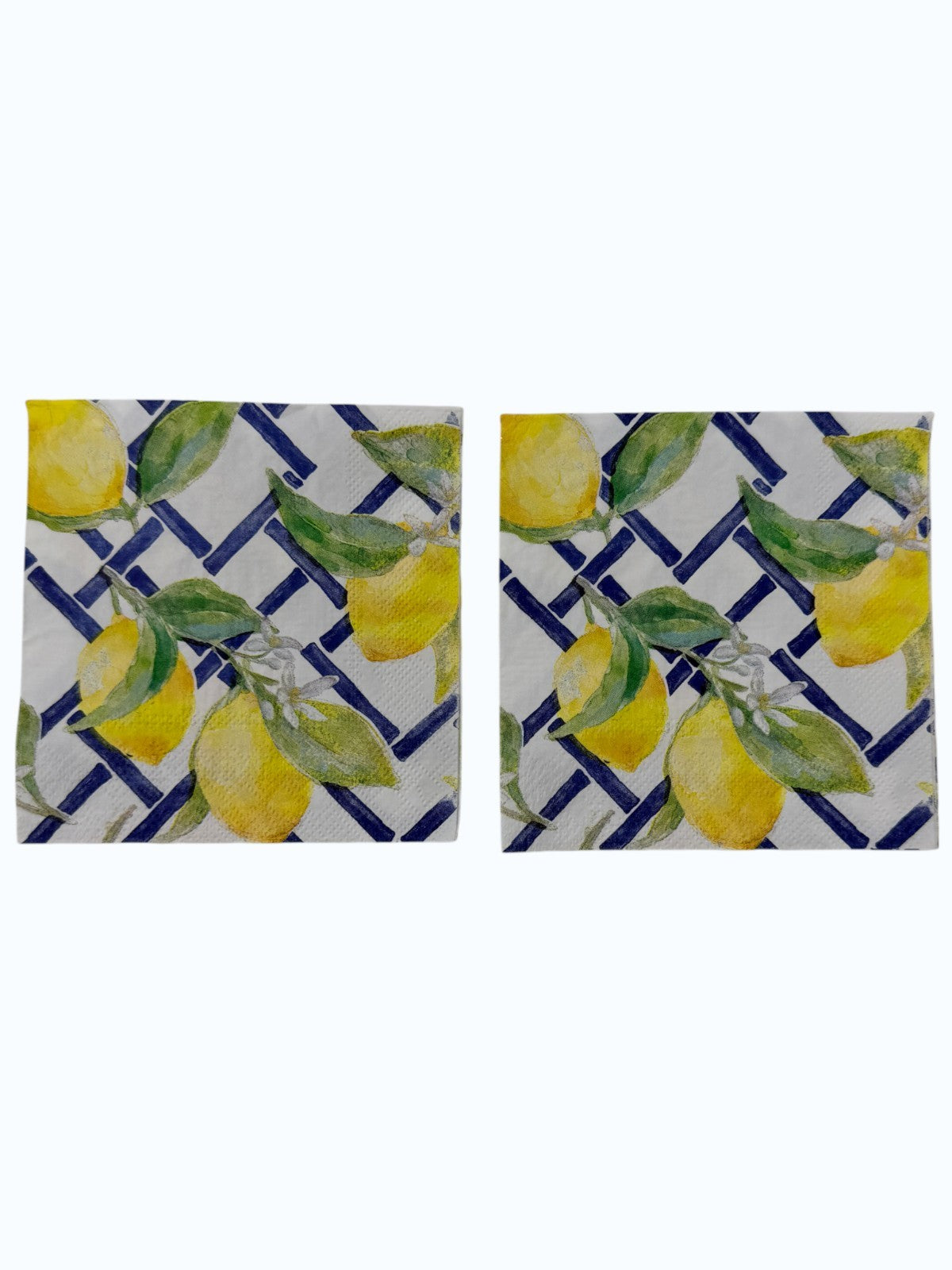 Lemon Lattice Decoupage Napkins Citrus Blue Trellis Summer Paper Set of 2