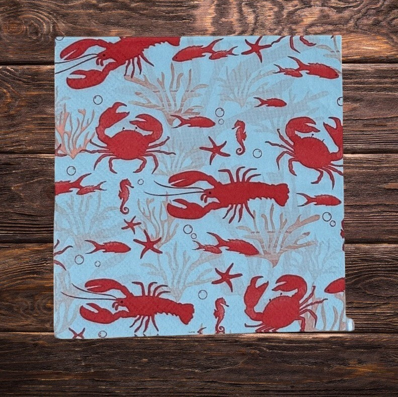 Decoupage Napkins Coastal Blue Red Nautical Crab Fish Lobster Cocktail Crafts