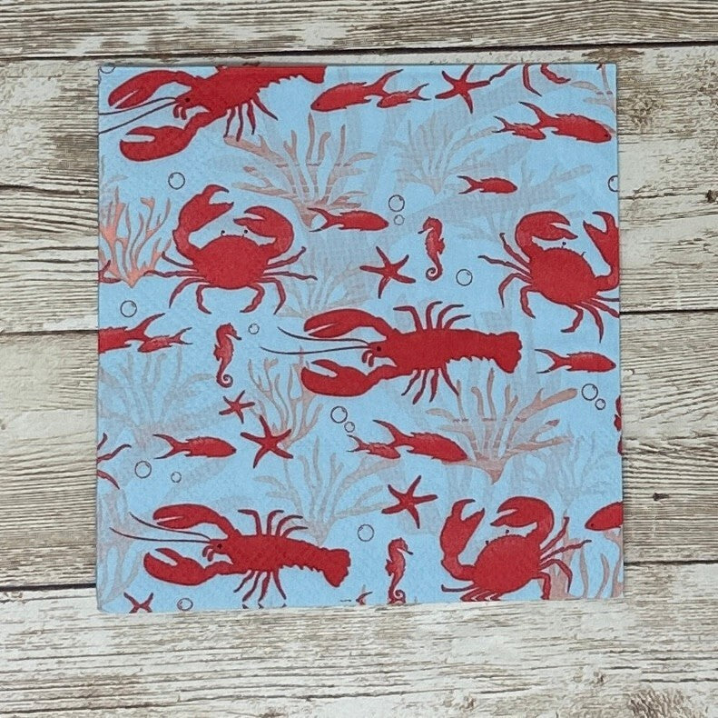 Decoupage Napkins Coastal Blue Red Nautical Crab Fish Lobster Cocktail Crafts