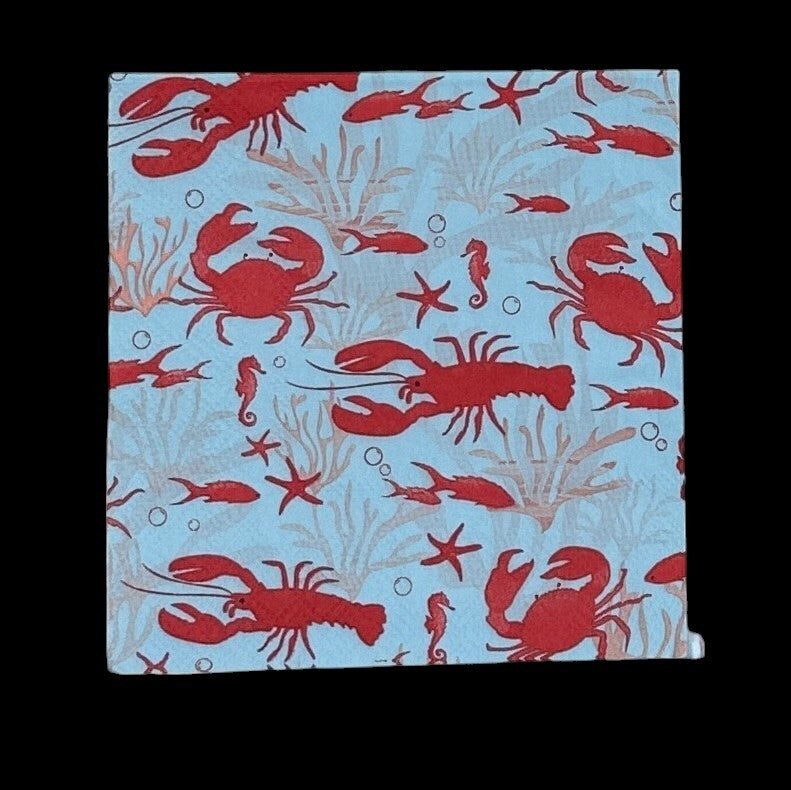 Decoupage Napkins Coastal Blue Red Nautical Crab Fish Lobster Cocktail Crafts
