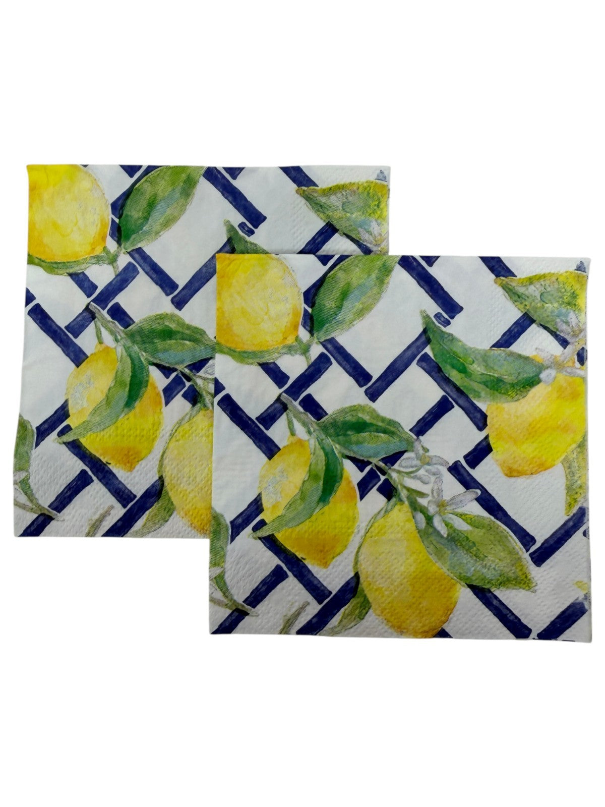 Lemon Lattice Decoupage Napkins Citrus Blue Trellis Summer Paper Set of 2
