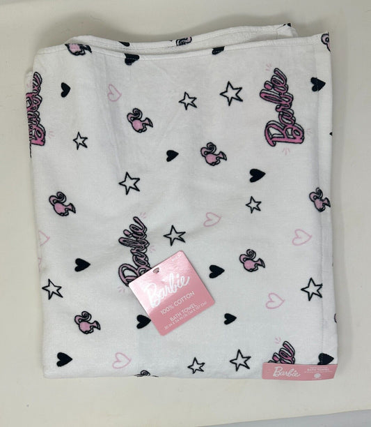 Barbie Bath Towel White and Pink Hearts Stars