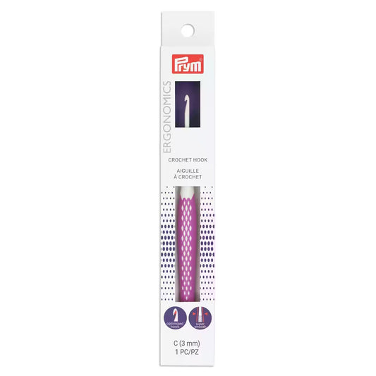 Prym Ergonomics US C (3 mm) crochet hook with lightweight white handle and purple tip