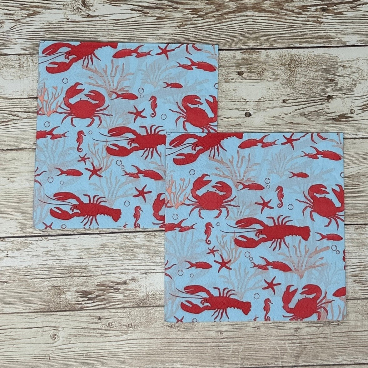 Decoupage Napkins Coastal Blue Red Nautical Crab Fish Lobster Cocktail Crafts