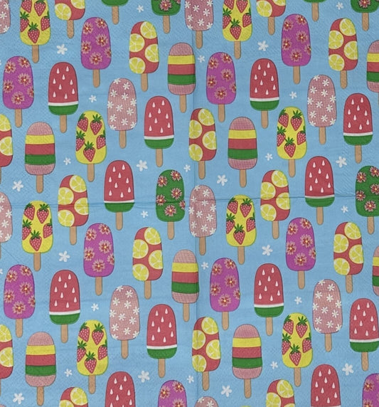 Pattern of colorful ice cream popsicles on a blue background