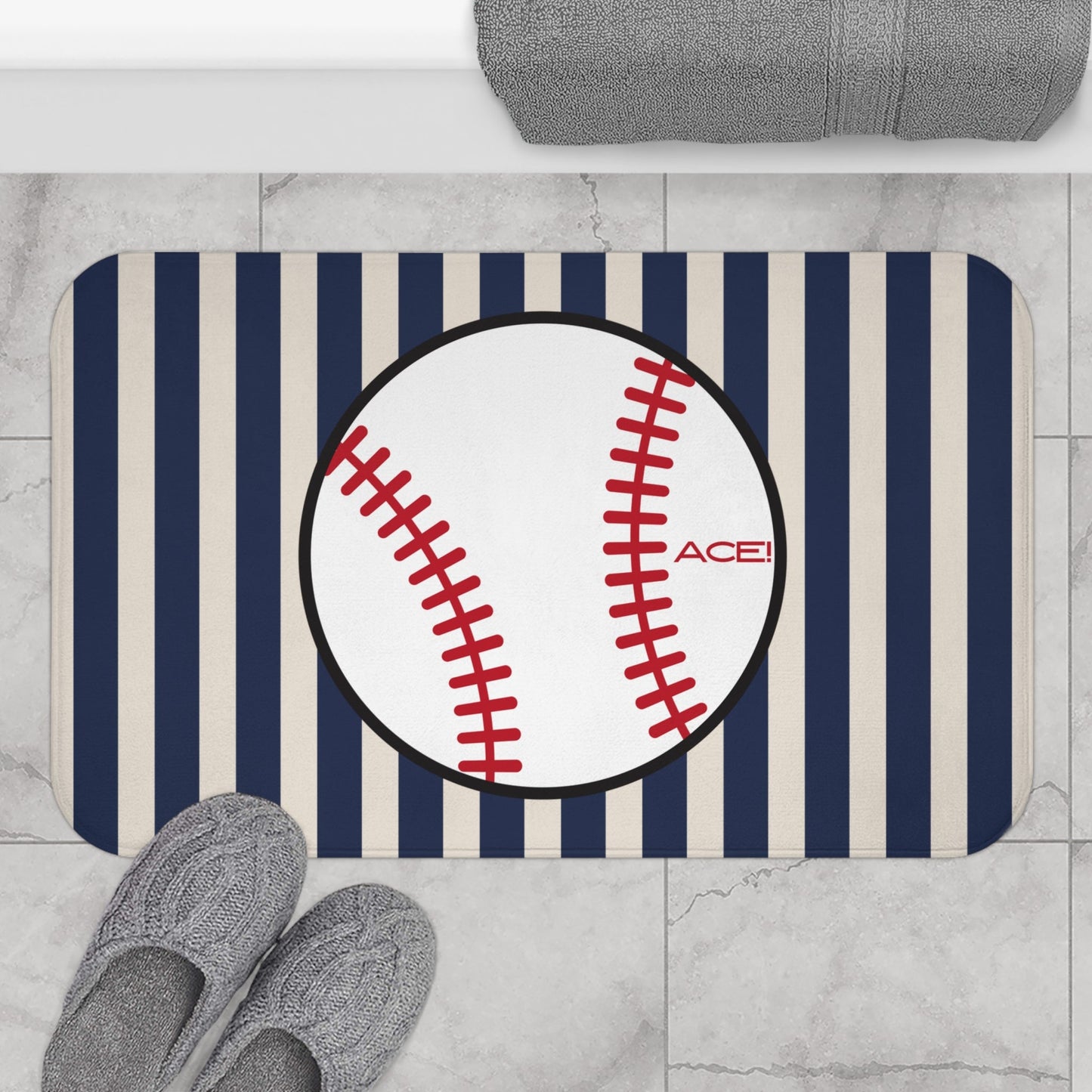 Baseball Bath Mat – Blue-Grey Striped Soft Non-Slip Bathroom Rug
