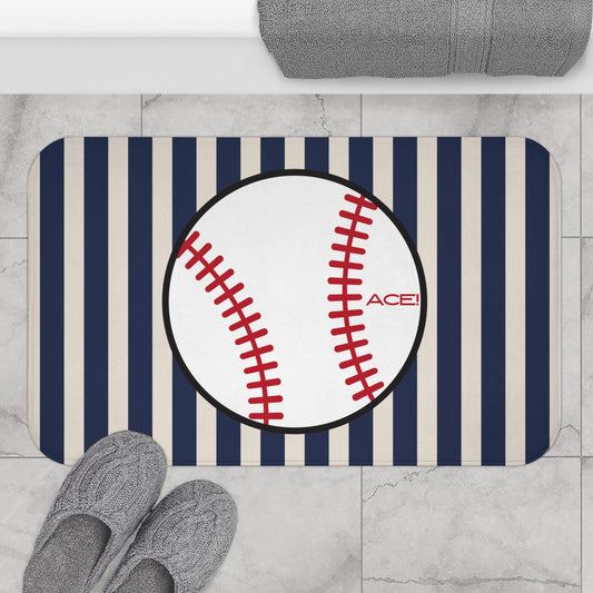 Baseball Bath Mat – Blue-Grey Striped Soft Non-Slip Bathroom Rug
