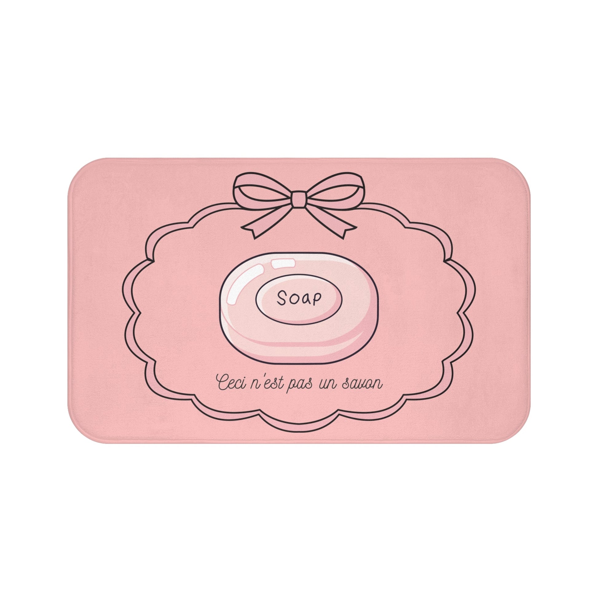 Pink soap dish with a bow and 'Soap' text on a white background