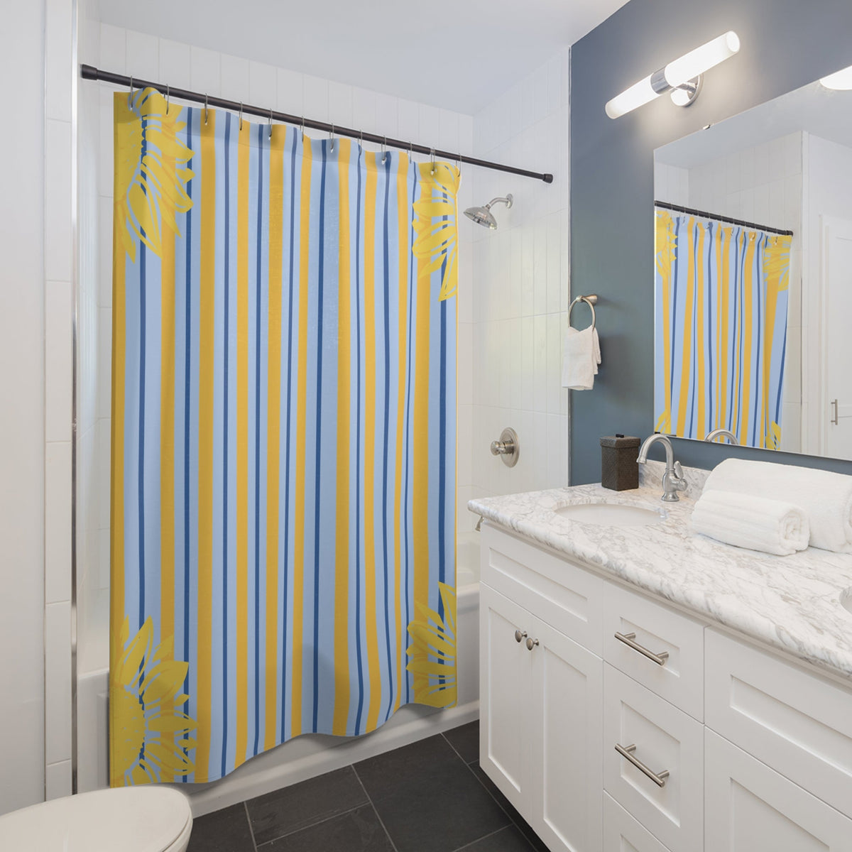 Preppy Sunflower Stripe Shower Curtain — Cute Kid's Bathroom Decor