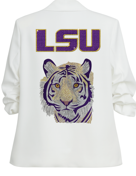 Louisiana State University Purple Tiger White Ruched Sleeve Blazer