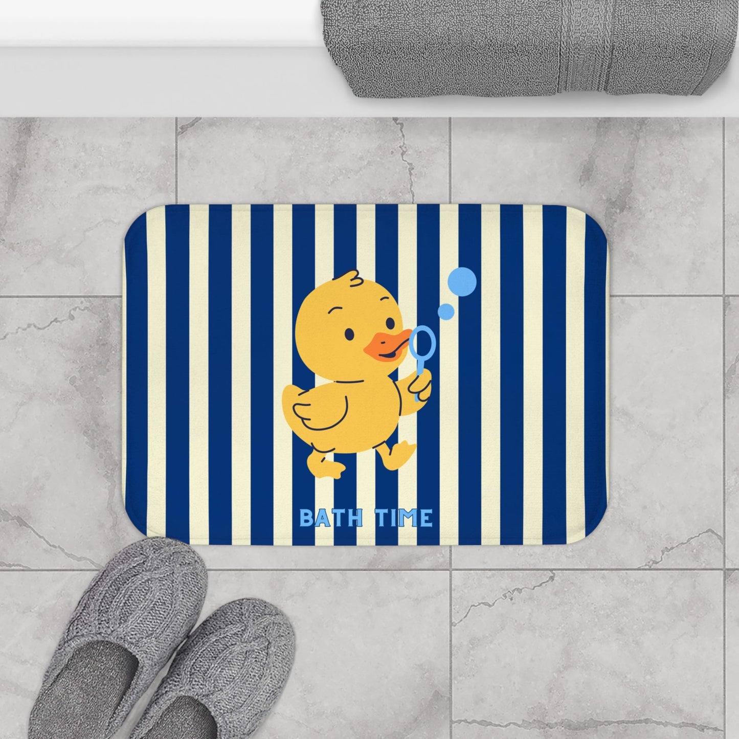 Cute Rubber Ducky Bath Mat — Navy Striped Kids Bathroom Rug