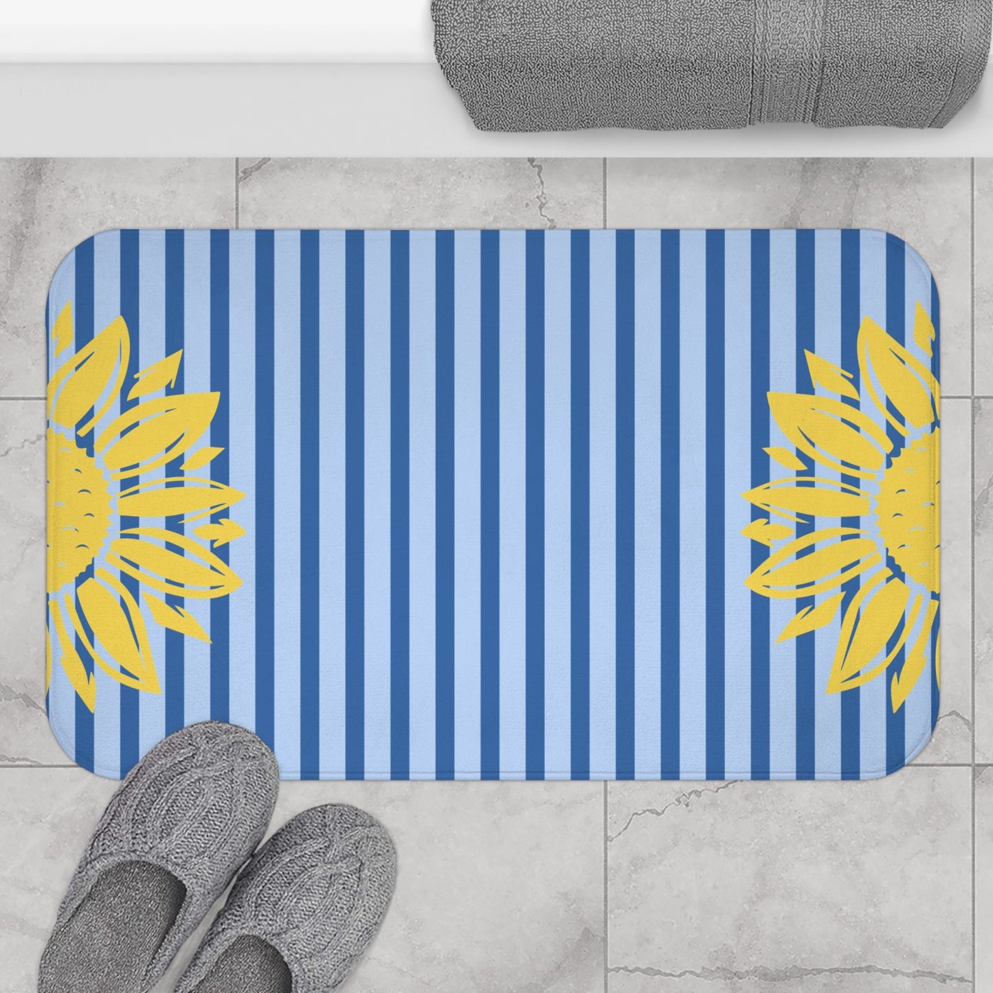 Preppy Sunflower Stripe Bath Mat – Yellow Sunflower Bathroom Rug