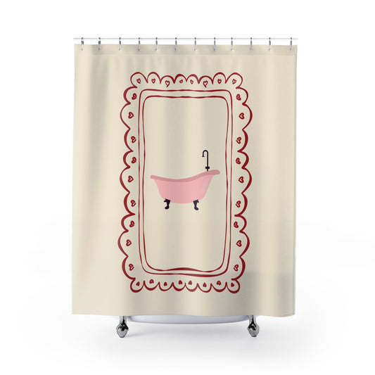 Shower curtain with a pink bathtub design on a beige background
