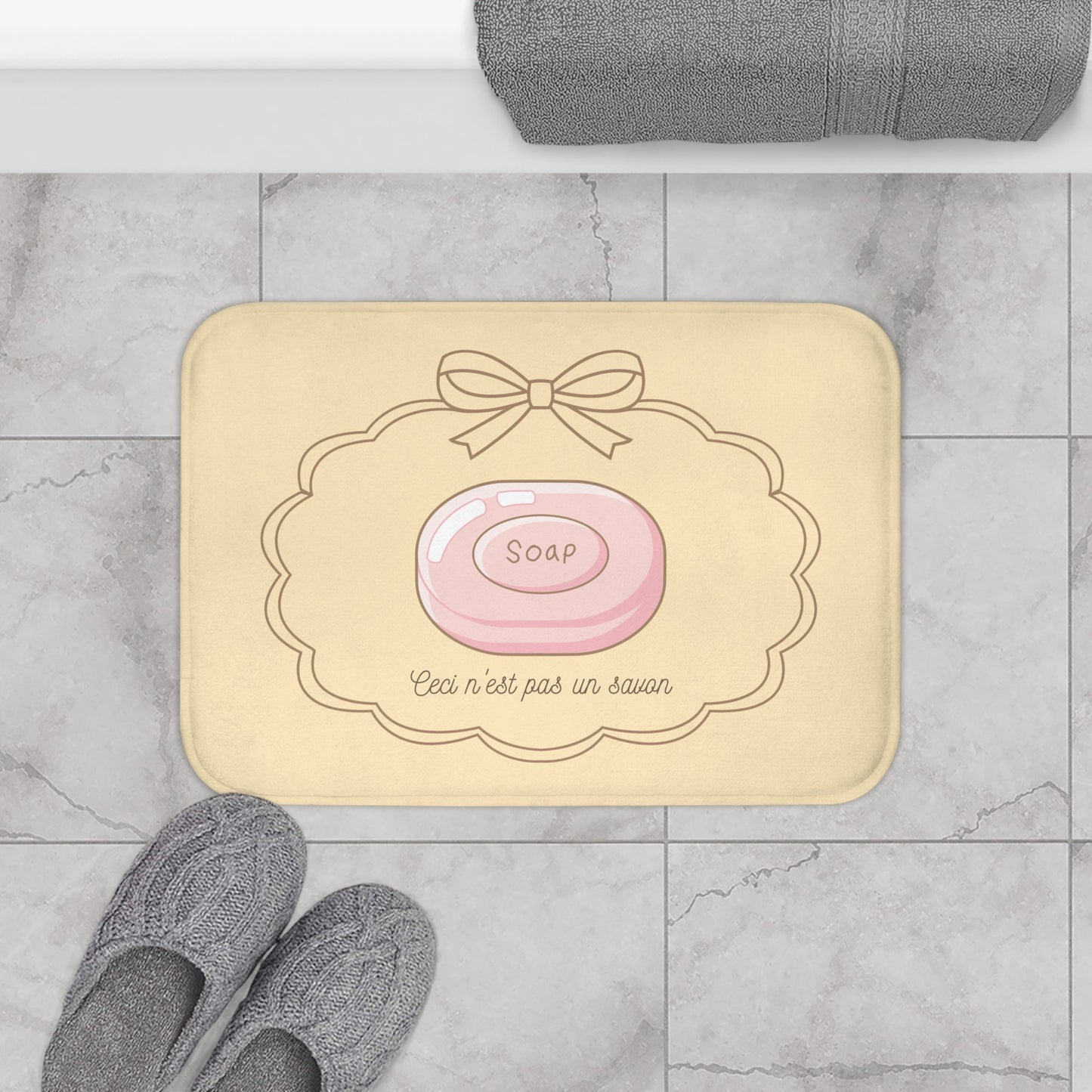 René Magritte 'Ceci n'est pas un savon' Bath Mat, NEUTRAL | Surrealist Humor Decor