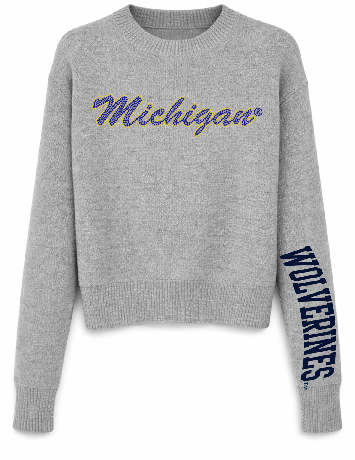 University of Michigan Wolverines Script Gray Crewneck Long Sleeve Sweater