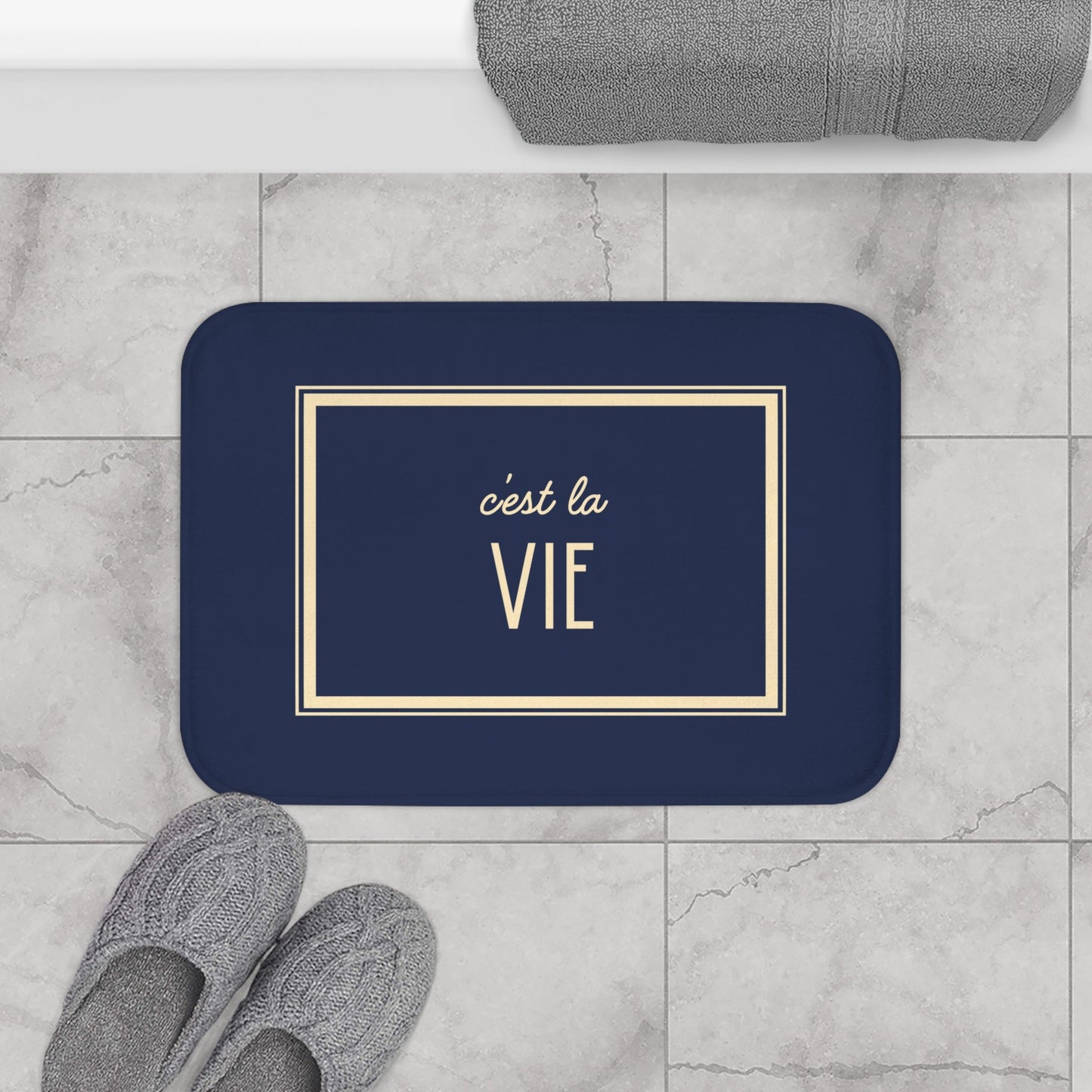 C'est la vie Bath Mat, Grey Blue | Chic Bathroom Decor
