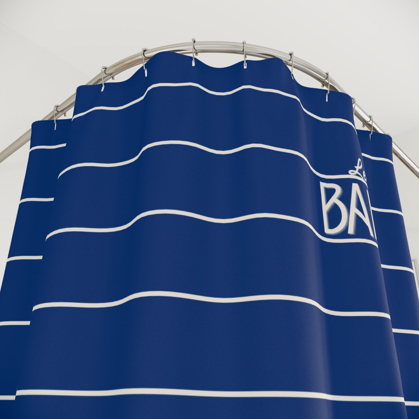 Nautical Blue 'Le Bain' Shower Curtain — Striped Sailboat Bathroom Decor