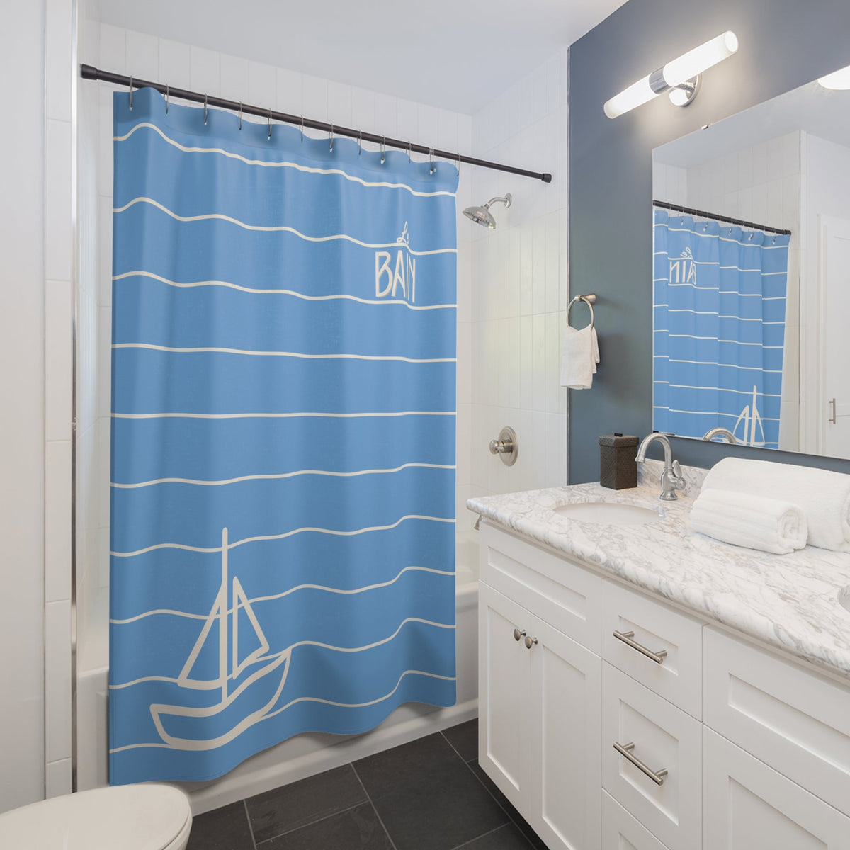 Baby Blue 'Le Bain' Shower Curtain — Striped Sailboat Kid's Bathroom Decor