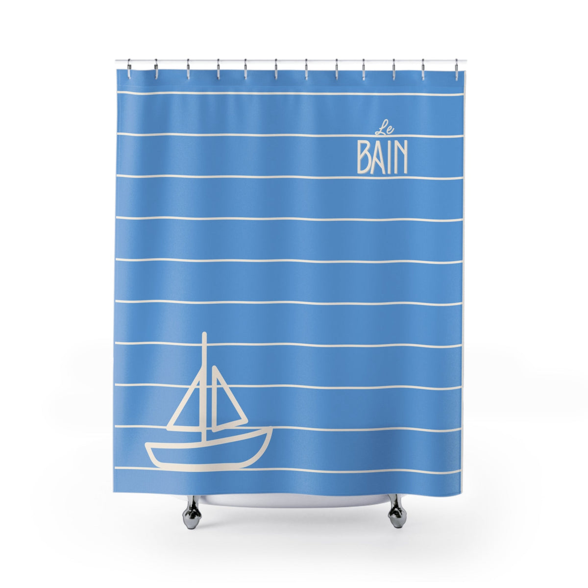 Baby Blue 'Le Bain' Shower Curtain — Striped Sailboat Kid's Bathroom Decor