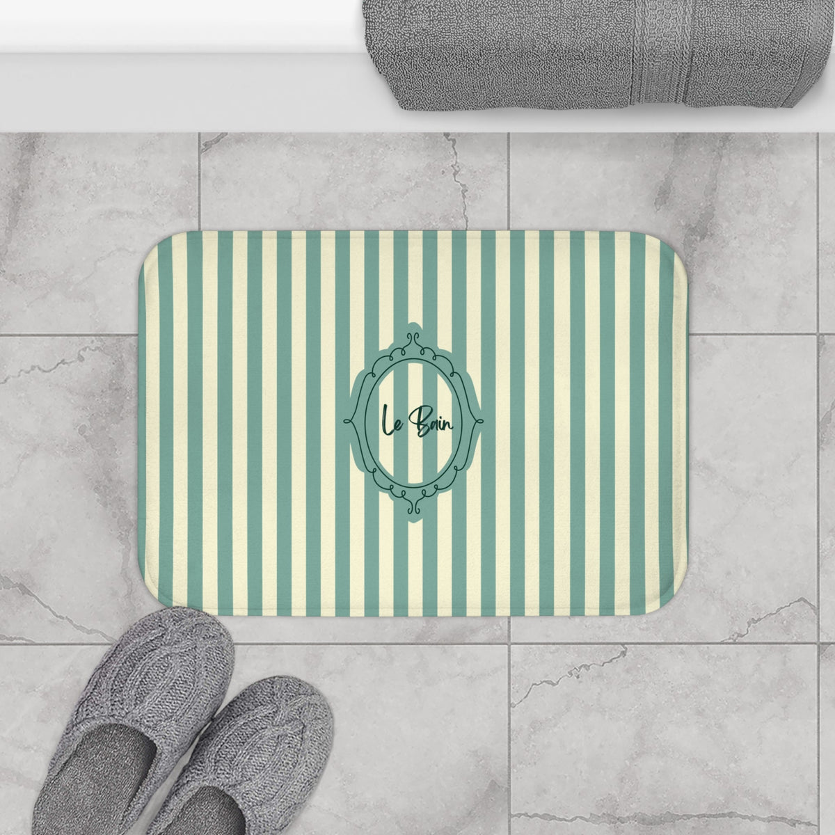 Le Bain Striped Bath Mat — Coastal Green/Cream Bathroom Rug